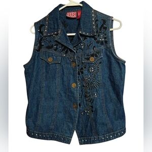 Embroidered Denim Vest with Stud Accents Women's Size M